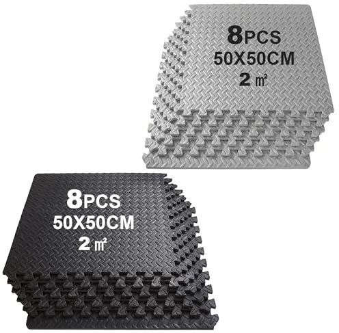 SROCHN 16PCS Bodenschutzmatten Sportgeräte-Matten 50X50X1cm mit Randstücken, 5㎡ rutschfest Eva Fitnessmatte Turnmatte Sportmatte Trainingsmatte (Schwarz+Grau)
