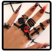 Wedity Gothic Ring Set, 9 Black Rings with Red Crystal, Halloween Jewelry, Devil's Eye, Skull and Spider Design