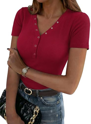 Aottori Womens Short Sleeve Tops V Neck Ribbed T Shirts Ladies Summer Button Down Stretch Fitted Tee Plain Basic Casual Pullover Tunic Top UK Red M