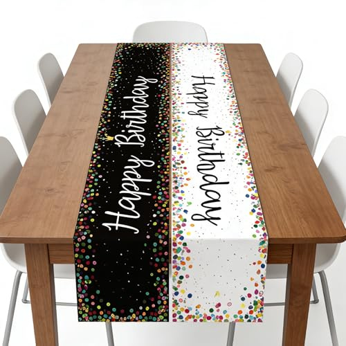 2 Stück Geburtstag Tischdecke Schwarz Weiß 180x35 cm, Happy Birthday Tischläufer mit Punkten und Krone, Wiederverwendbare & Waschbare für Wohnzimmer, Party, Fotohintergrund
