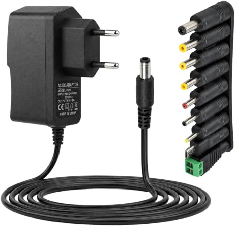 6V 2A Adaptador de Corriente Universal 12W AC/DC – 100-240V con 8 Conectores Intercambiables, Fuente de Alimentación para Tira LED Router Cámara Vigilancia Teclados Altavoces, Enchufe EU 5,5×2,1mm