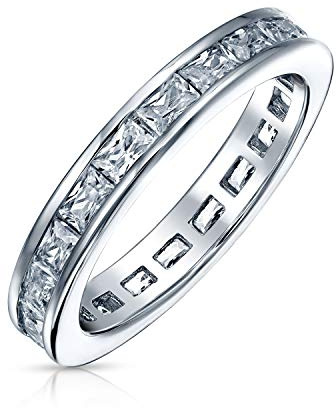 Bling Jewelry Einfacher kubischer Zirkonia-Kanal-Prinzessschliff-CZ-stapelbarer Ehering für Damen, Eternity-Ring aus 925er Sterlingsilber, 2 mm