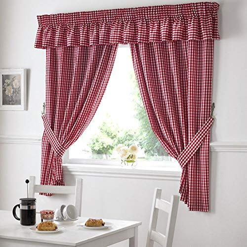 Gingham Check Kitchen Tape Top Curtains - Red (46 Wide x 54 Drop)