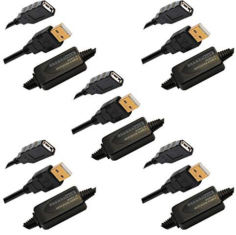 Rhombutech® Set 5 x 15 Meter USB 2.0 Verlängerung, Aktiv, Signalverstärker, Repeater, Verlängerungskabel, A-Stecker auf A-Buchse, Datenkabel, Anschlusskabel, doppelt geschirmt, vergoldete Kontakte