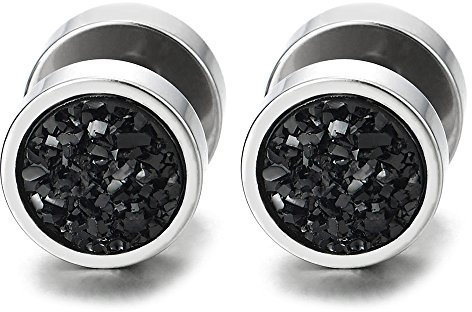 10MM Herren Damen Edelstahl Kreis Ohrringe Ohrstecker mit Funkeln Schwarz, Fake Plugs Ohr Cheater Tunnel Gauges, 1 Paar