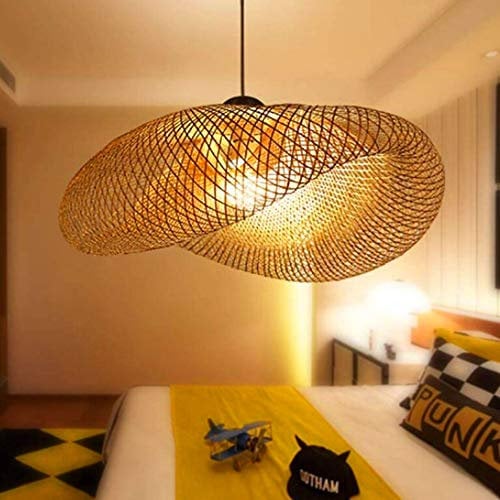 FUMIMID Retro Hängelampe Bambus Pendelleuchte E27 Holz Deckenleuchte Handgewebte Rattan Lampenschirm Runde Kronleuchter Wohnzimmer Schlafzimmer Büro Hängeleuchte Esstischlampe,80cm
