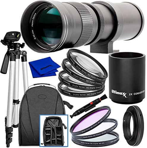 Ultimaxx Manuelles Teleobjektiv-Set für EOS Rebel T5i, T6, T7, T6i, T6s, T7i, T8i, SL2, SL3, 60D, 70D, 77D, 80D, 90D, 5D Mark IV, 7D Mark II, 420–800 mm (mit Konverter 840–1600 mm) f/8.3–16 Mehr