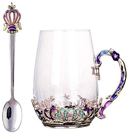 C&Z Emaille-Glastasse mit Schmetterlings-Blume, bleifreies Trinken, Teetasse, Kaffeetassen mit Stahllöffel, Set für Frauen, Geburtstag, Valentinstag, Hochzeit, Geschenk, Lila