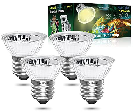 Klarlight 50W E27 Reptile Heating Bulb Dimmable, UVA UVB Light Bulb Full Spectrum Basking Bulb, Tortoise Heat Lamp for Lizard Spider Frog Snake Turtle Chameleon Aquarium Reptile and Amphibian (4-Pack)