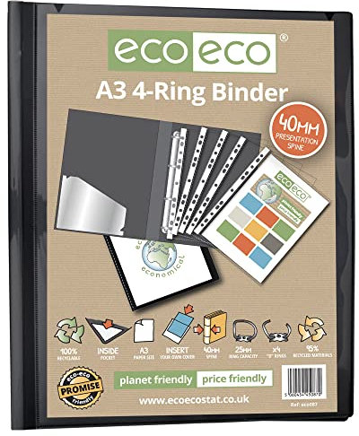 eco-eco A3 95% Recycled 4-D Portrait Ring Binder File Folder, Artwork Portfolio, eco087