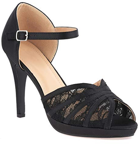 512 Women's Satin Lace High Heel Peep Toe Ankle Strap Mary Jane Bridal Wedding Evening Court Shoes 3-8DING Sandals Shoes (Black, Numeric_6)