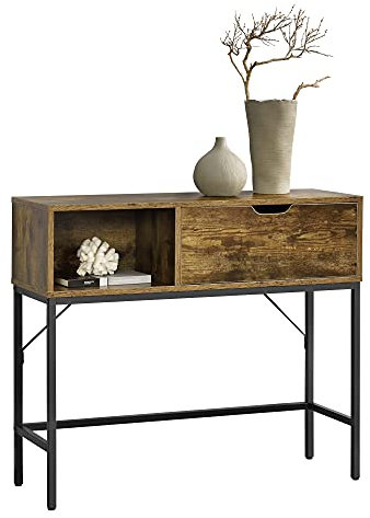 [en.casa] Konsolentisch Tranemo 92x30x80cm Kommode Konsole Beistellkommode Metallgestell Dunkler Holzton