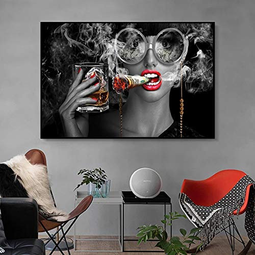 SXKJ Frau mit Brille Rauchen Trinken Wein Poster Malerei Leinwand Wandkunst Bilder Für Wohnzimmer Moderne Wohnwand Dekor 40x60cm Rahmenlos