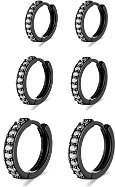 Schwarz Creolen Ohrringe fr Damen - 925 Sterling Silber, Kleine Schwarz Creolen mit AAA Zirkonia, 3 Paar hypoallergene kleine Sleeper Huggie Ohrringe