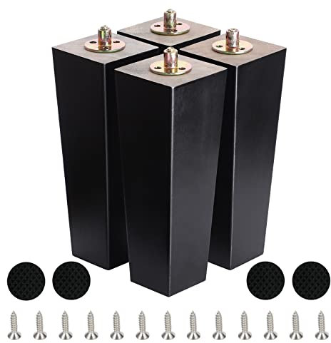 CtopoGo Lot de 4 Pieds de Meuble carrés en Bois Massif avec boulons pré-percés, vis et Coussinets en Caoutchouc. (10/ 25cm, Noir)