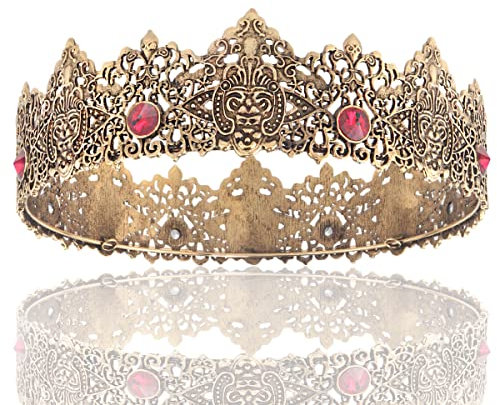 JORCEDI King Men Gold Tiara Krone Imperial Mittelalter Stirnband Kristall Festzug Kostüme für Hochzeit Abschlussball Geburtstag Party Festzug (Dunkelgold mit rotem Stein)