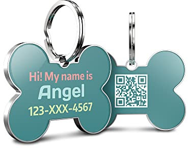 DISONTAG Hundemarke Personalisiert mit QR Code,28 * 42mm 2 Seiten Dog Id Tag mit SchlüSselring für Hundehalsband,Leichter zu Lesen als Gravur– Online|Modifizierbar|Colourful(Knochen)