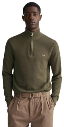 GANT Men's Cotton Pique Half-Zip Jumper, Juniper Green, Standard, Juniper Green, S