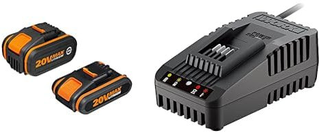 WORX - Pack Duo Batteries 20V - PowerShare - WA3605 (1 x Batt 20V-2Ah - 1 x Batt 20V- 4Ah, avec témoin de Charge) & Chargeur 20 V Li-ION 2.0 A - WA3880 - pour Outils WORX sans Fil POWERSHARE
