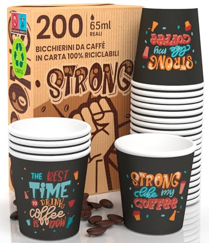 200 Bicchierini in Carta da caffè 65ml StrongLifeCUP Bicchieri Ecologici Biodegradabili Monouso Piccoli Asporto Bevande Calde