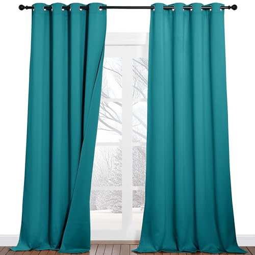 PONY DANCE Schallschutz Vorhang 100% Blickdicht Ösen Gardinen Schlafzimmer 2er Set H 240 x B 132 cm Dreilagige Verdunklungsvorhänge mit Abnehmbarem Filzfutter Thermovorhang Hitzeschutz, Türkis