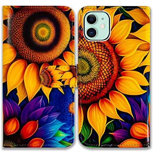 Bcov Case for iPhone 11,Yellow Sunflower Leather Flip Phone Case Wallet Cover with Card Slot Holder Kickstand for iPhone 11