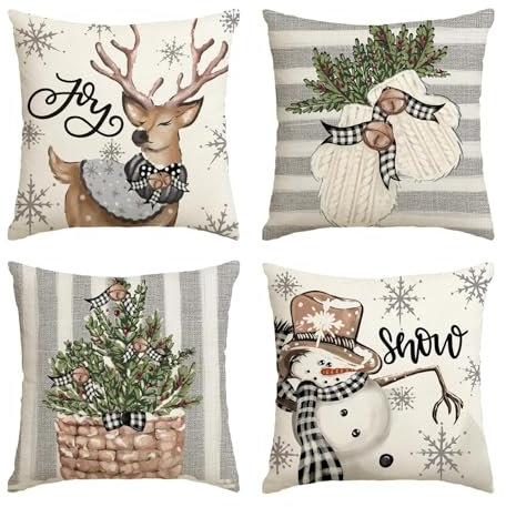 HuaMuDM Weihnachten Kissenbezug,4er Set Weihnachten Kissenbezüge,Leinen Dekorative Zierkissenbezüge,Weihnachtskissenbezug Deko für Sofa Couch Schlafzimmer Wohnzimmer