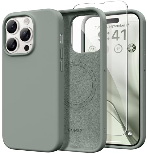 GONEZ für iPhone 14 Pro Hülle Silikon 6,1 Zoll & Displayschutz, [MagSafe-kompatibel] dünne Handyhülle aus Flüssigsilikon, Kratzfeste und stoßfeste, Mikrofaserfutter Schutz Case, Calke Grün
