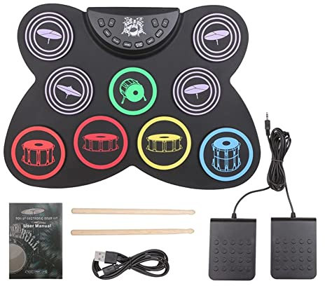 Scalewbin Batteria elettrica, 9 cuscinetti in silicone pieghevole batteria elettronica con jack per cuffie, altoparlante integrato, pedali, bacchette