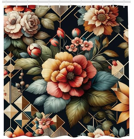 ABAKUHAUS Floral Shower Curtain, Leafy Scene Futurist Flowery, Cloth Fabric Bathroom Decor Set with Hooks, 175 x 200 cm, Khaki Coral Olive Green