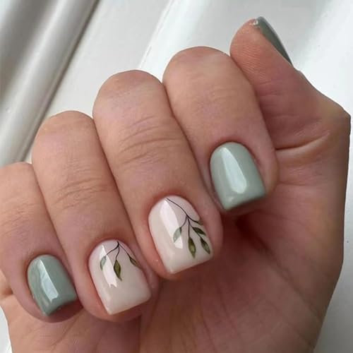Aikeis 24 pièces presse sur ongles court carré presse sur faux ongles avec des dessins feuille verte bâton sur ongles ongles acryliques vert mer