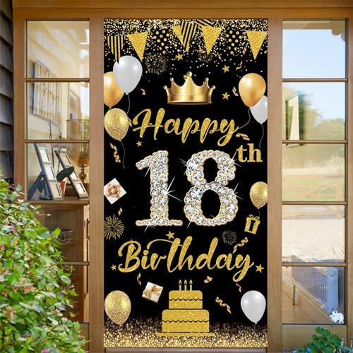 POPOYU 18. Geburtstag Banner Jungen Mädchen,18 Geburtstags Deko,Birthday Banner 18. Geburtstagsfeier Dekoration Hintergrund,Banner Geschenke für Geburtstag Poster Türbanner 70.8×35.4 Zoll,Schwarz Gold