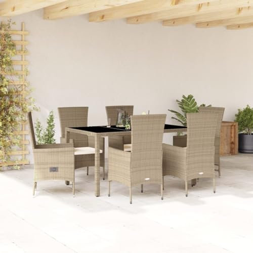 Keyroto Rattan Gartenmöbel Set Essgruppe Garten Rattan Sitzgruppe 6 Personen Rattan Essgruppe Outdoor mit Kissen Poly Rattan Beige