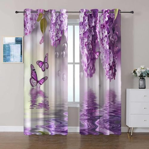 Viola Tenda Oscurante Finestra 2 Pezzi L140 x A245 cm farfalla fiore lilla stile naturale Tende Oscuranti Camera da Letto Moderna con Anelli Finestra Cucina Soggiorno Decor Tende per Ragazze Ragazzo