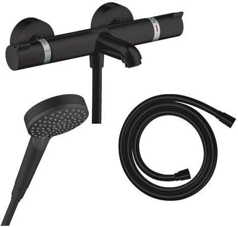 Hansgrohe Pack mitigeur Bain Douche thermostatique Ecostat Comfort + Flexible Isiflex + Pommeau Vernis Blend Vario Noir Mat