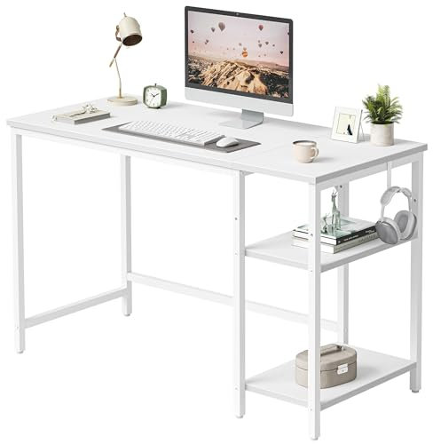 CubiCubi Computer Desk, Office Desk, 100 x 50 x 75 cm with 2 Shelves, Industrial Style, for Study, Bedroom, Living Room, White
