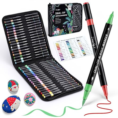 JusArt 36 Acrylstifte für Steine Wasserfest,Acrylic Paint Marker,Zeichnen,Farben Stifte Steine Bemalen,Farbstifte für Felsmalerei, Holz, Keramik, Leinwand, Basteln und Weihnachten