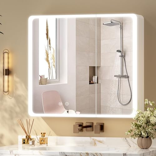 Aovquof Spiegelschrank mit Beleuchtung - 80×70cm Spiegelschrank Bad mit Stauraum, Badspiegelschrank mit einstellbaren dimmbaren LED-Leuchten mit Demist-Funktion, abgerundet Cremefarbe