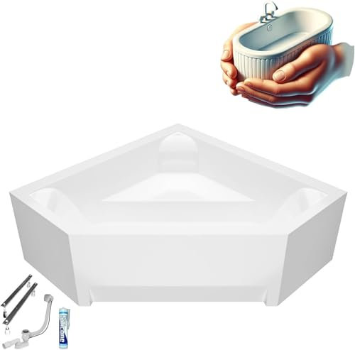 ECOLAM Baignoire d'angle acrylique symétrique IRMA 140 x140 cm + tablier | pieds siphon + silicone | Baignoire thermale ecoThermoPro