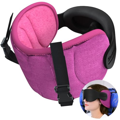SARISUN Cuscino da Viaggio per Aereo con Cinghia Sedile, Sonno Stabile | Fascia Testa con Mascherina, Supporto Testa 360°, Anti Oscillazione, Cuscino Viaggio Aereo e Auto, Stop Bobblehead, Rosa
