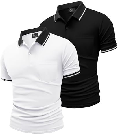 JACKETOWN 2er Pack Poloshirts Herren Kurzarm Golf Polo Hemd Männer mit Tasche Schnelltrocknend Atmungsaktives Work Polohemd Herren Sommer Slim Fit Shirt Tennis Basic Tshirt(Weiß Schwarz M)