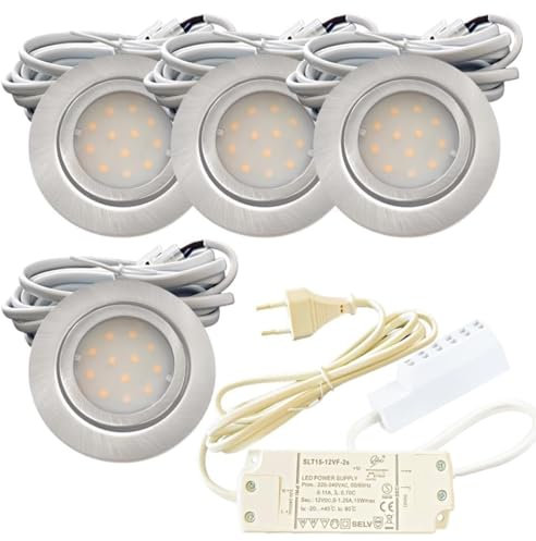 Rolux 4er Set LED Einbauleuchte Leni 12V 2W 3000K Warmweiß | Ø54-60mm Flach Edelstahl gebürstet | IP44 | inkl. Plug-and-Play Trafo & 230V Zuleitung | Für Bad, Küche, Möbel | Einheitliche Lichtfarbe