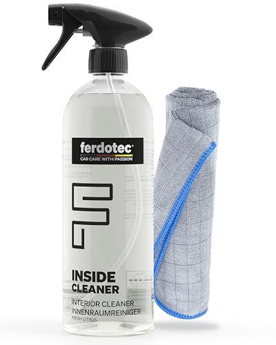 FERDOTEC Auto Innenraum Reiniger Set - Microfasertuch Grau & Innenraumreiniger Auto (750 ml) für Kunststoff, Leder, Polster, Alcantara & Touchscreens – Entfernt Staub, Fingerabdrücke & Gerüche