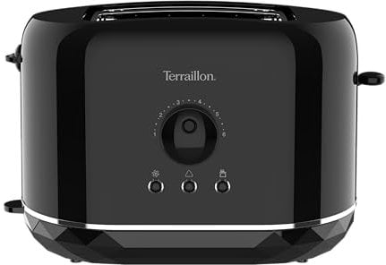 TERRAILLON - DIAMANT NOIR - Grille pain, 2 Fentes 13 cm, 6 niveaux puissance (870W), Réchauffe viennoiserie, Décongélation, Réchauffage, Arrêt automatique, Base reliefée Diamant, Noir