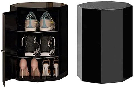Schuhschrank, 360° drehbar, mehrstöckig, Stahl, Eck-Schuhschrank, vertikal, achteckig, moderner Eingangsbereich, Schuhturm, Organizer mit Spiegel (schwarz, 3 Etagen, 45 cm)