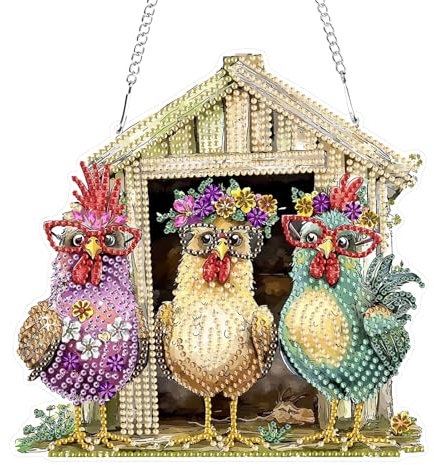 GHHKUD Diamond Painting Fensterbilder Beidseitige, Diamond Painting Huhn Anhänger mit Kette, Diamant Painting Bilder Kristall Malerei Anhänger, Wandbehang Kits für Eingang und Fenster Wand Decor