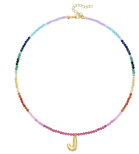 KissYan Beaded Initial Necklace for Women, 14K Gold Plated Bubble Bead Letter Pendant Rainbow Choker Colorful Summer Beach Jewelry(Gold J)