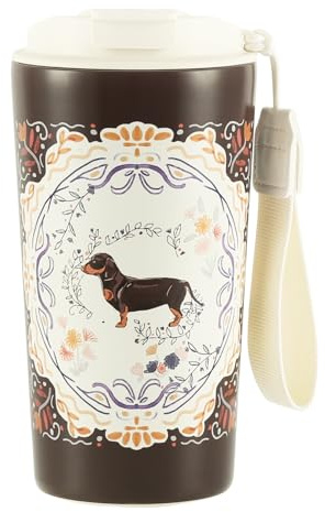 Animal Print Insulated Travel Mug 500ml, Ceramic‑Lined Stainless Steel Coffee Cup, Leakproof Lid with Sip Spout & Straw, Anti‑Slip Base, Carry Lanyard, Hot Cold Reusable Cup,Dog