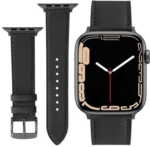 ONET8O Leather Strap Compatible with Apple Watch 38mm 40mm 41mm Replacement Genuine Leather Bands for iWatch Series Women and Men Watch Wristband (38mm 40mm 41mm) Black