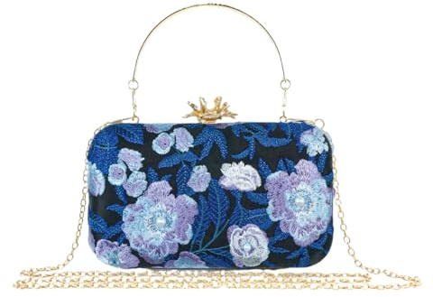 CRFASIBE Bolso de Noche Elegante Mujer, Bordado Floral, Cadena Desmontable | Pochette Pequeña con Cadena 120cm, Versátil Bolso de Mano, Vintage Clutch para Boda, Fiesta, Cócteles y Ocasiones Especiales